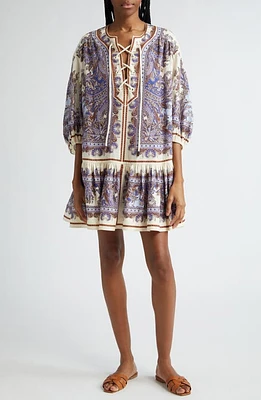 Zimmermann Ottie Paisley Lace-Up Linen Minidress Purple at Nordstrom,