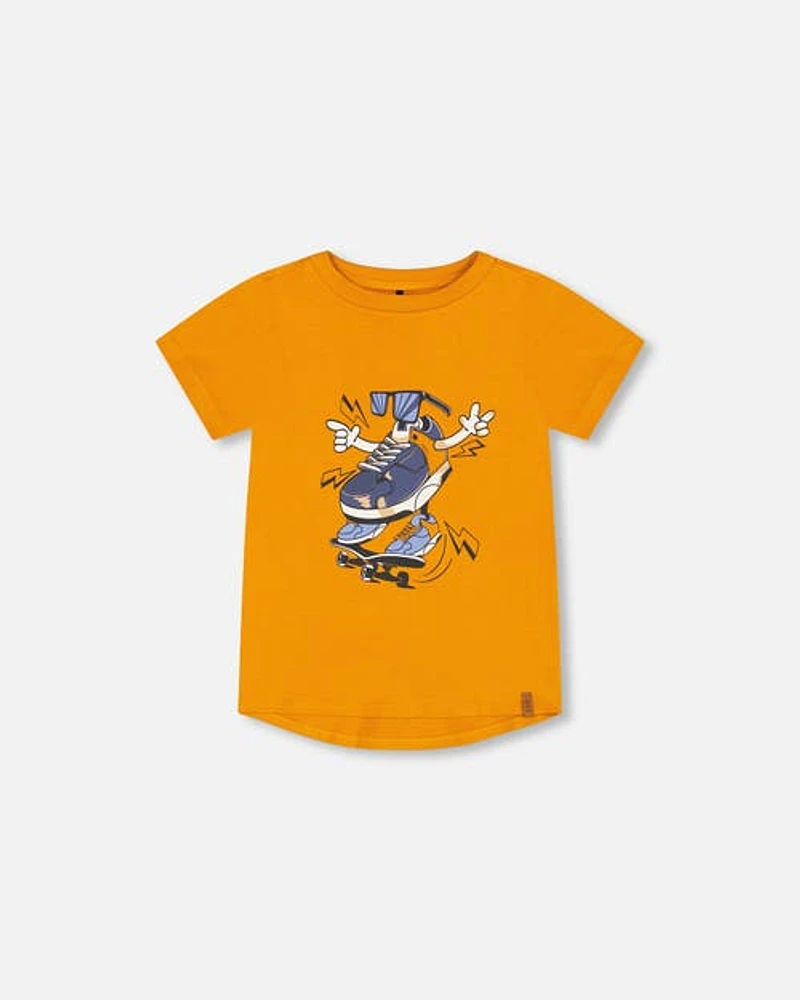 Deux Par Deux Boy's Organic Cotton T-Shirt With Sneaker Print Orange at Nordstrom