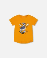 Deux Par Deux Boy's Organic Cotton T-Shirt With Sneaker Print Orange at Nordstrom