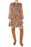 Julia Jordan Floral Knot Neck Tie Waist Long Sleeve Dress Brown Multi at Nordstrom,