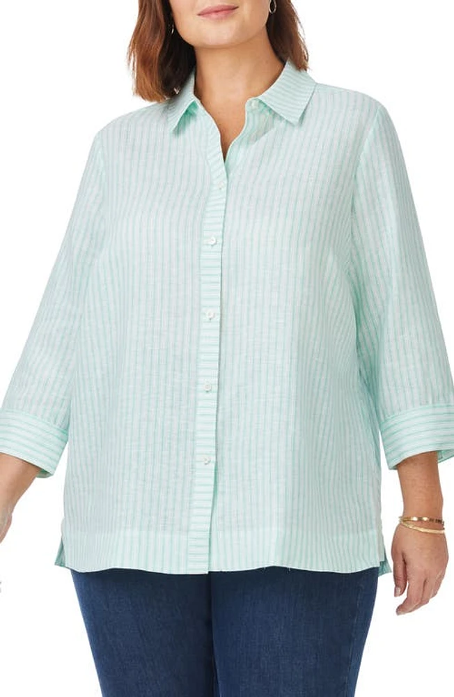 Foxcroft Harley Stripe Linen Button-Up Shirt Sea Mist at Nordstrom,