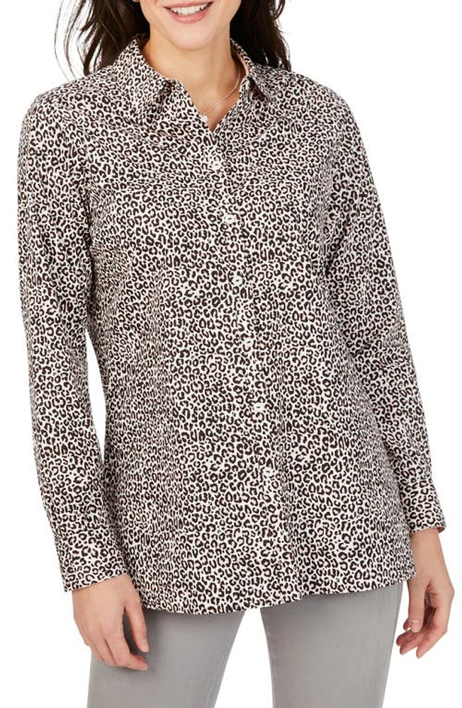 Foxcroft Journey Leopard Luxe Button-Up Shirt Dark Chocolate at Nordstrom,