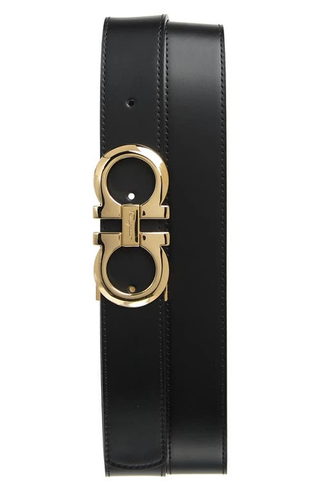 FERRAGAMO Reversible Double Gancio Leather Belt Black/Hickory at Nordstrom, Cm