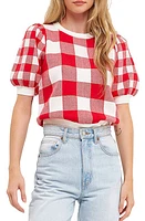 English Factory Gingham Puff Sleeve Sweater Red at Nordstrom,