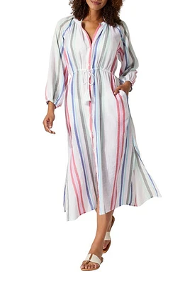 Tommy Bahama Stripe Long Sleeve Cotton Blend Cover-Up Dress White at Nordstrom,