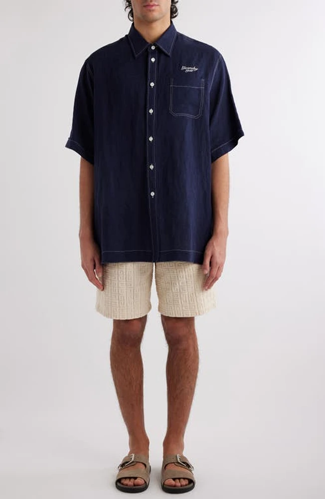 Givenchy Oversize Short Sleeve French Linen Button-Up Shirt Navy at Nordstrom,