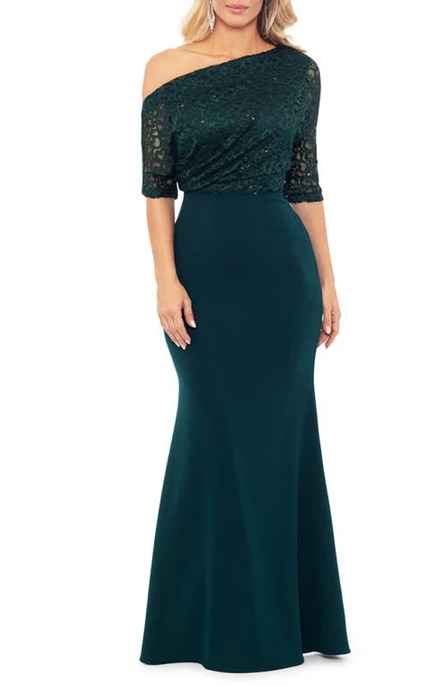 Betsy & Adam One-Shoulder Sequin Lace Mixed Media Gown Pine at Nordstrom,