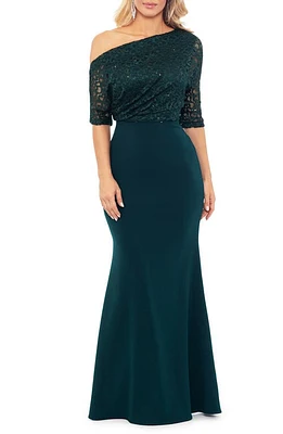 Betsy & Adam One-Shoulder Sequin Lace Mixed Media Gown Pine at Nordstrom,