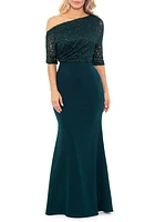 Betsy & Adam One-Shoulder Sequin Lace Mixed Media Gown Pine at Nordstrom,