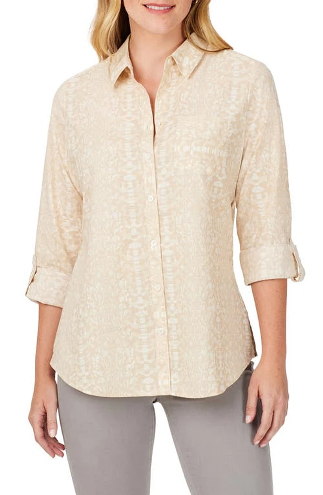 Foxcroft Zoey Abstract Print Cotton Button-Up Shirt Ivory Multi at Nordstrom,