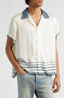 Bode Sellier Embroidered Silk Camp Shirt Cream Blue at Nordstrom,