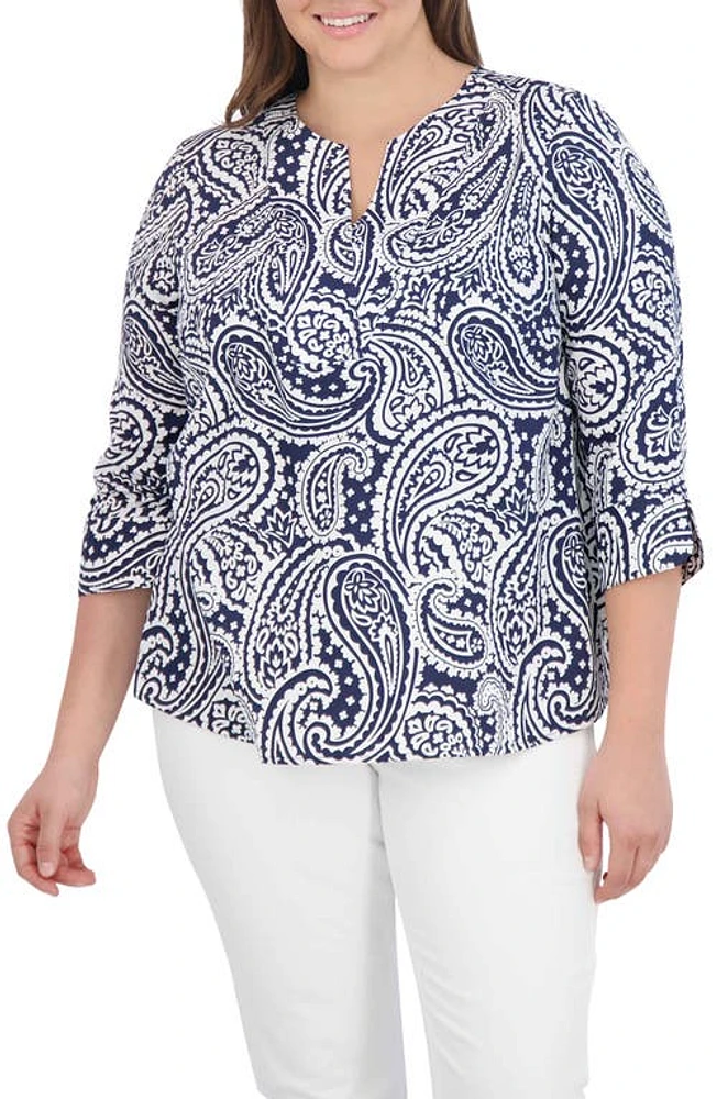 Foxcroft Vena Paisley Print Cotton Tunic Shirt Navy/White at Nordstrom,