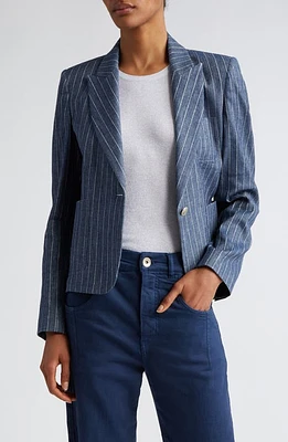 Eleventy Pinstripe Crop Linen & Cotton Blend Blazer Blue at Nordstrom, Us