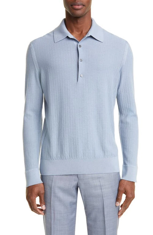 ZEGNA Cashseta Light Herringbone Long Sleeve Polo in Lt Blu Sld at Nordstrom, Size 38 Us