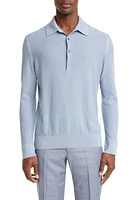 ZEGNA Cashseta Light Herringbone Long Sleeve Polo in Lt Blu Sld at Nordstrom, Size 38 Us