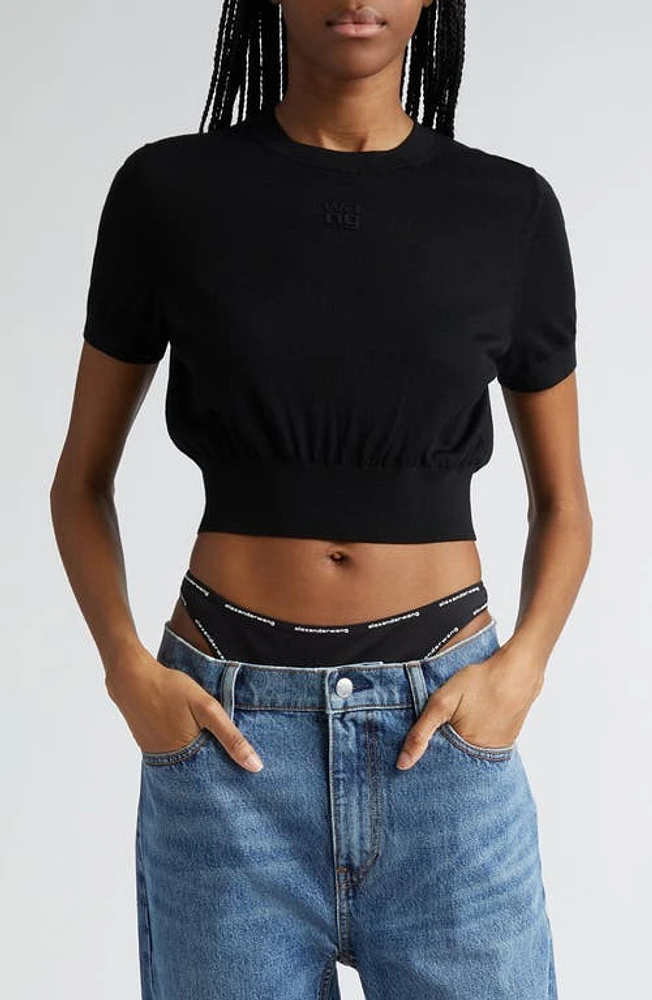 Alexander Wang Debossed Logo Short Sleeve Crop Sweater at Nordstrom,