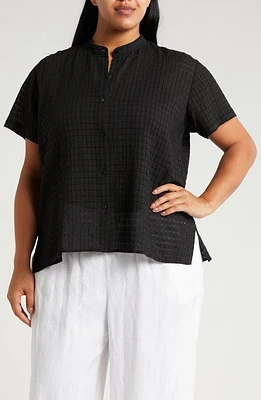 Eileen Fisher Grid Mandarin Collar Stretch Organic Cotton Shirt Black at Nordstrom,