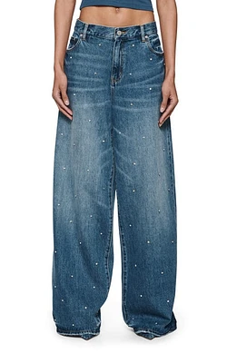 PURPLE BRAND Rhinestone Baggy Wide Leg Jeans Mid Indigo at Nordstrom,