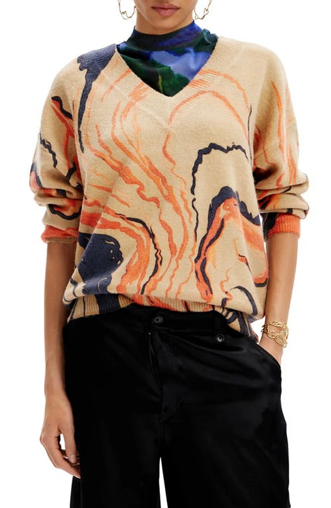 Desigual M. Christian Lacroix Liquid Print V-Neck Sweater Beige Multi at Nordstrom,