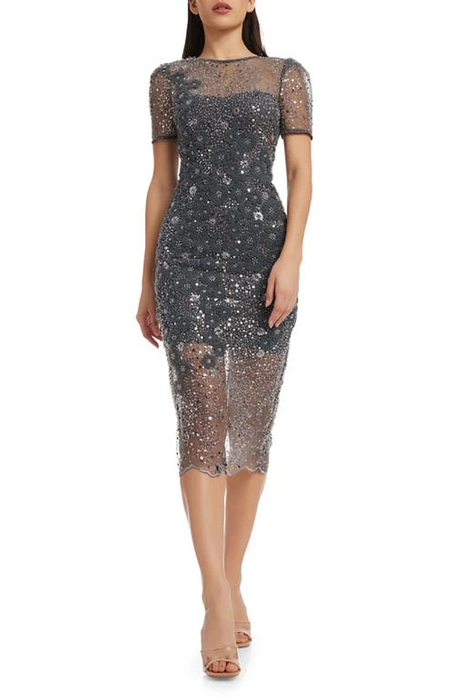 Dress the Population Lia Sequin Illusion Mesh Overlay Midi Cocktail at Nordstrom,