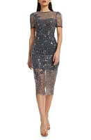 Dress the Population Lia Sequin Illusion Mesh Overlay Midi Cocktail at Nordstrom,