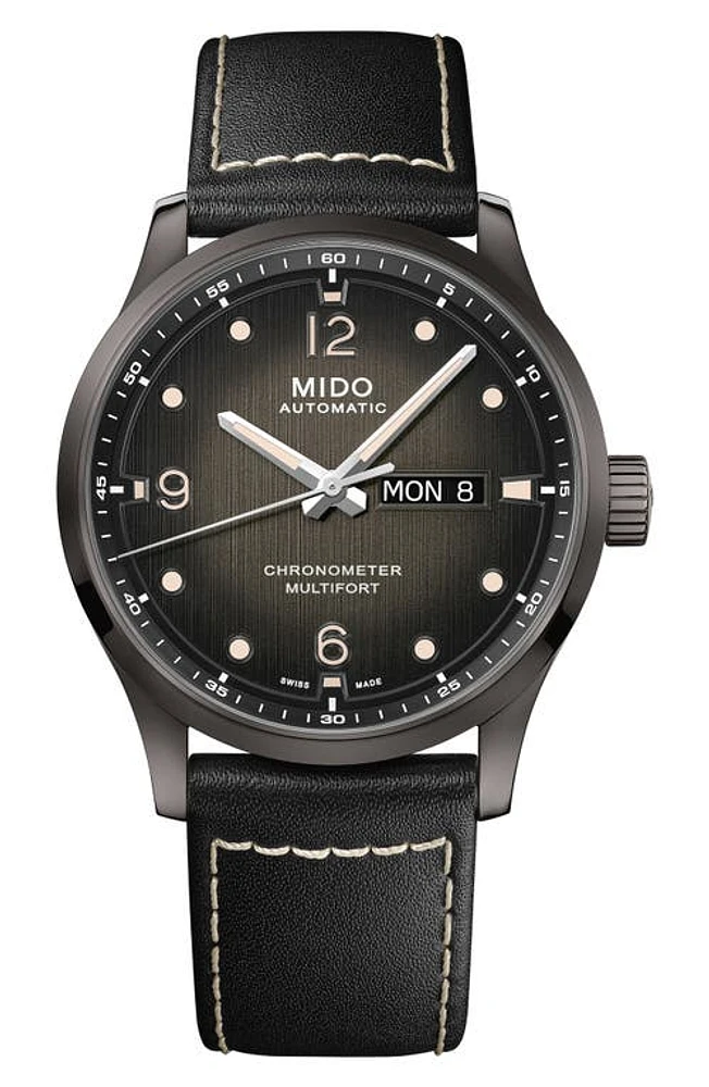 MIDO Multifort Automatic Leather Strap Watch, 42mm in Black /Grey at Nordstrom