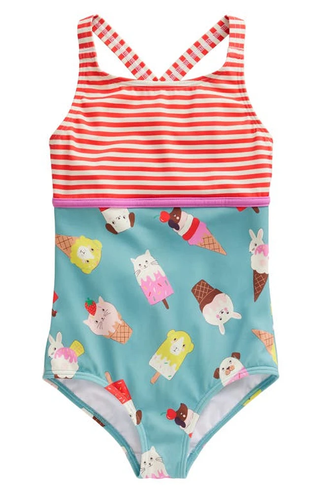 Mini Boden Kids' Hotchpotch One-Piece Swimsuit Aqua Sea Ivory Ice Cream Pets at Nordstrom,