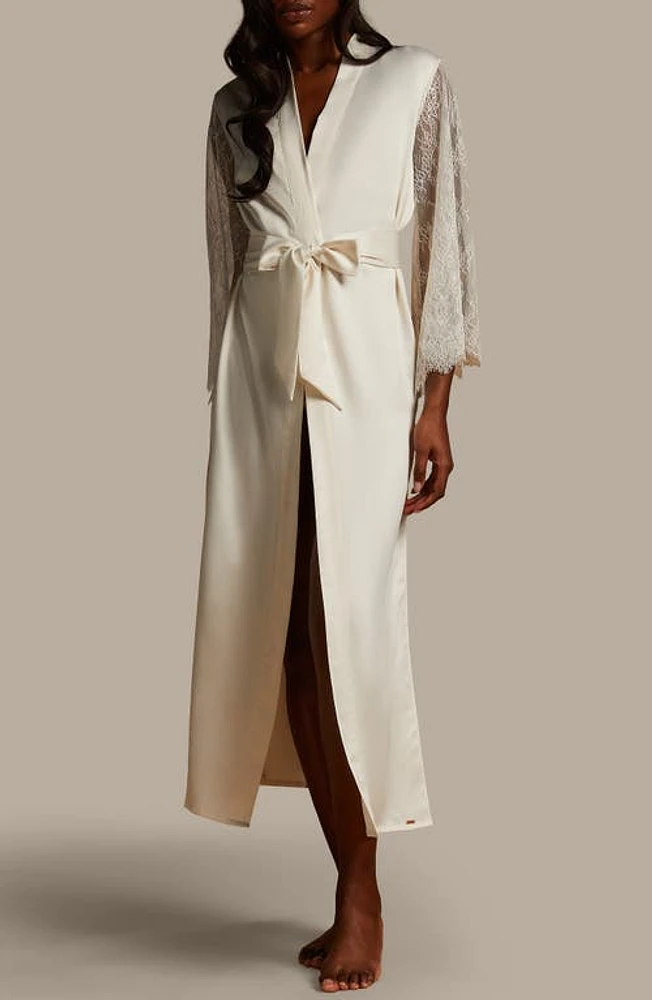 Hunkemöller Camille Lace Trim Long Sleeve Satin Robe Gardenia at Nordstrom,