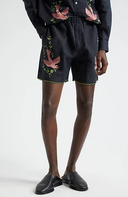 Bode Rosefinch Linen Shorts Black at Nordstrom,