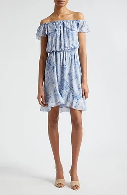 L'AGENCE Leonie Off the Shoulder Silk Dress Blue Multi Denim Print at Nordstrom,