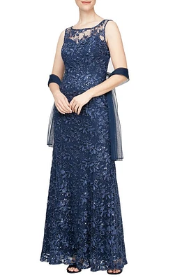 Alex Evenings Embroidered Illusion Neck Gown with Shawl in Navy at Nordstrom, Size 14P