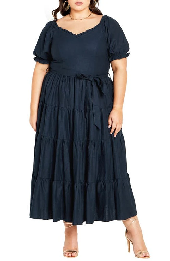 City Chic Puff Sleeve Tie Belt Midi Dress Navy at