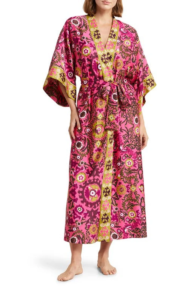 Natori Palazzo Charmeuse Robe in Fiesta Pink Combo at Nordstrom, Size Large