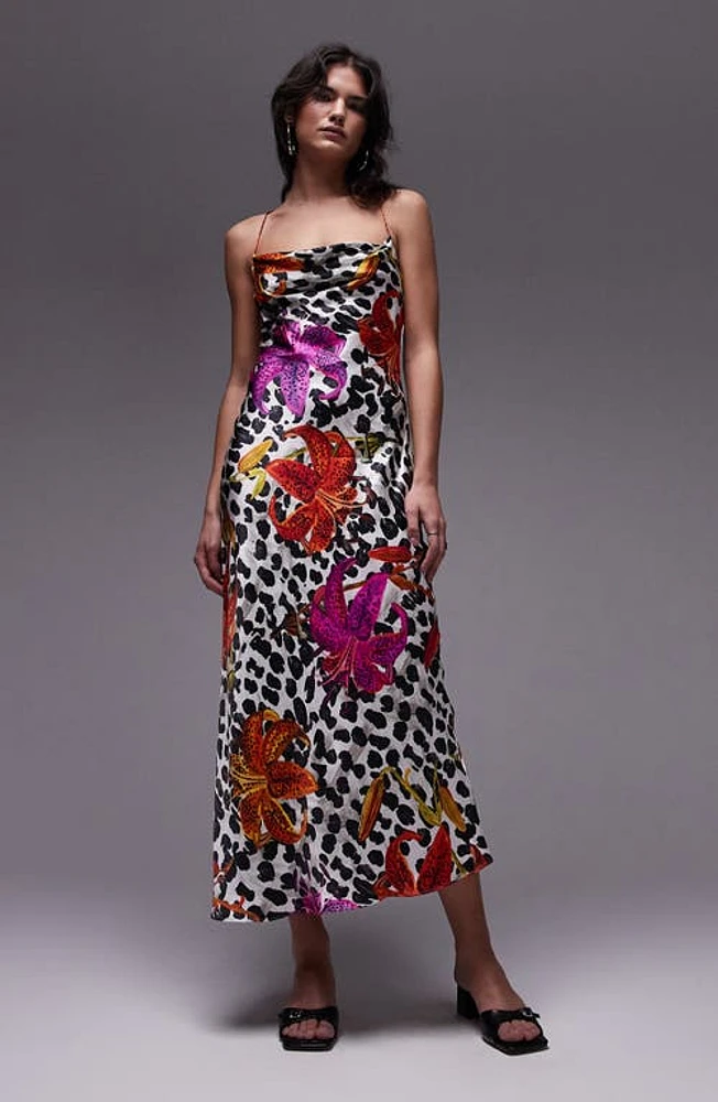 Topshop Print Cowl Neck Open Back Midi Slipdress White Multi at Nordstrom, Us