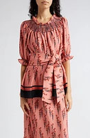 Loretta Caponi Maria Belted Smocked Crepe Top Flying Carnations at Nordstrom,