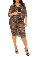 BUXOM COUTURE Camo Semisheer Mesh Button-Up Shirt & Body-Con Skirt Green Multi at Nordstrom,