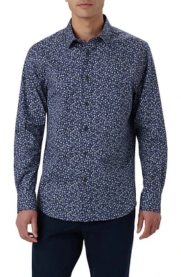 Bugatchi Julian Floral Print Cotton Button-Up Shirt Navy at Nordstrom,