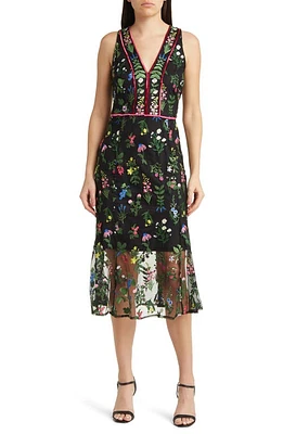 Sam Edelman Botanical Embroidered Semisheer Sleeveless Dress Black Multi at Nordstrom,