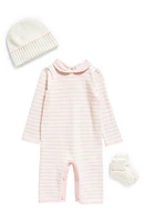 Rachel Riley Stripe Cotton Romper, Hat & Socks Set in Pink at Nordstrom