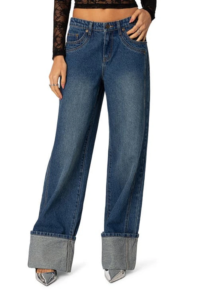 EDIKTED Vesper Cuffed Wide Leg Jeans Blue at Nordstrom,