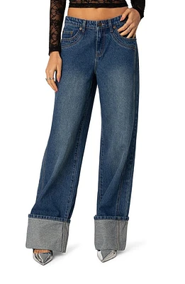 EDIKTED Vesper Cuffed Wide Leg Jeans Blue at Nordstrom,