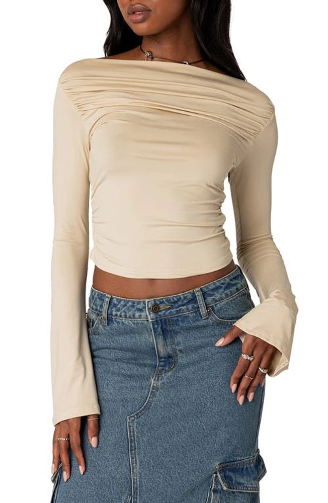 EDIKTED Dana Gathered Bateau Neck Long Sleeve Crop Top Cream at Nordstrom,