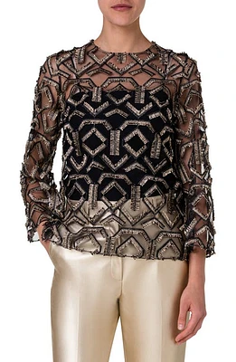 Akris punto Fringe Embroidered Tulle Top Black-Gold at Nordstrom,