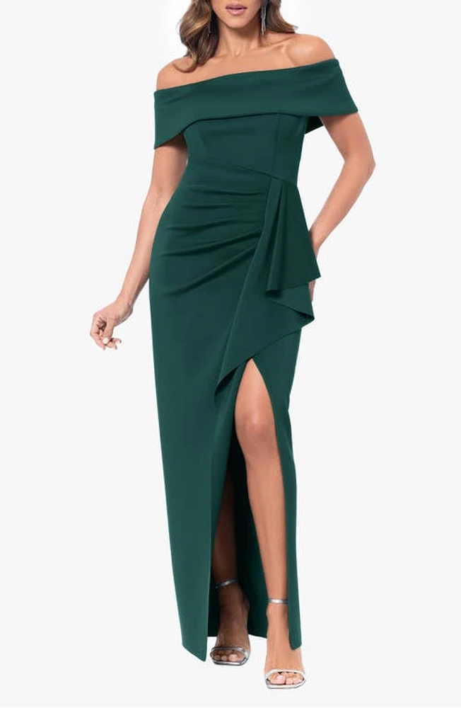 Xscape Evenings Side Ruffle Off the Shoulder Scuba Gown at Nordstrom,