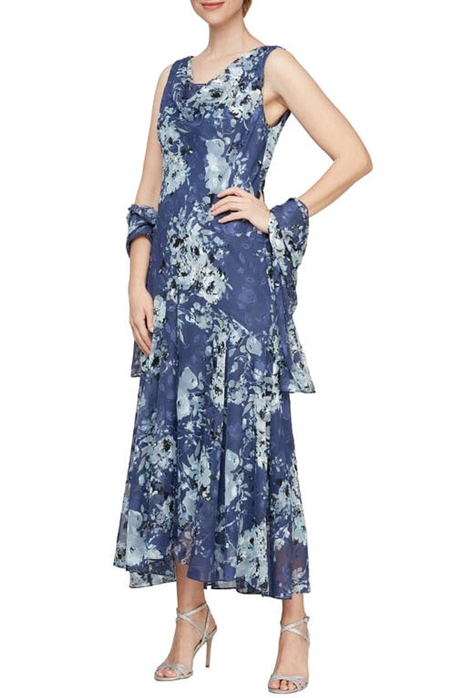 Alex Evenings Print Cowl Neck Maxi Dress with Shawl Wedgewood at Nordstrom,