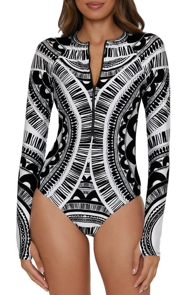 Trina Turk Hula Floral Half Zip Long Sleeve One-Piece Rashguard Swimsuit Black Multi at Nordstrom,