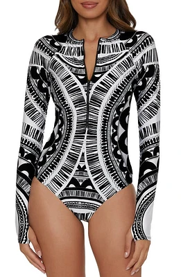 Trina Turk Hula Floral Half Zip Long Sleeve One-Piece Rashguard Swimsuit Black Multi at Nordstrom,