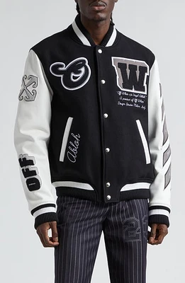 Off-White Leather & Virgin Wool Blend Varsity Jacket Black at Nordstrom, Us