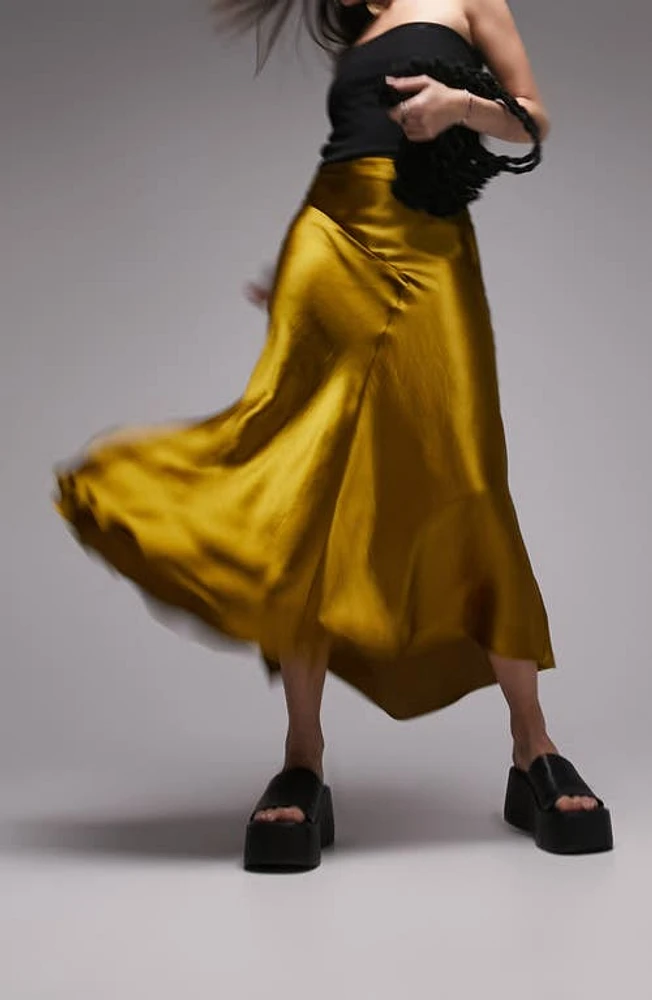 Topshop Fishtail Satin Midi Skirt in Yellow at Nordstrom, Size 2 Us