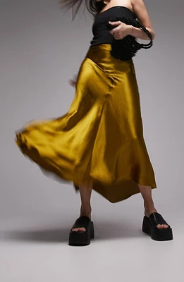 Topshop Fishtail Satin Midi Skirt in Yellow at Nordstrom, Size 2 Us